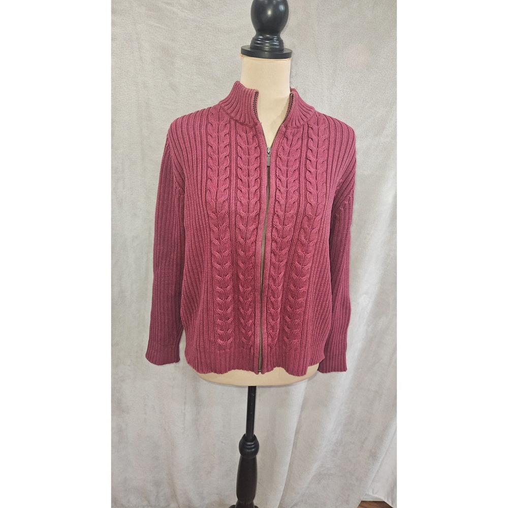 Vtg 90s Land's End Cardigan Sweater Fisherman Cable Cotton Full Zip Woman's M